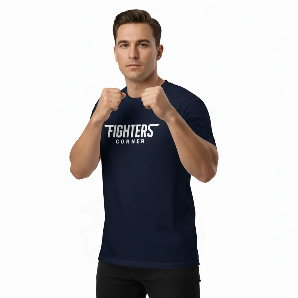 Fighters Corner boxing apparel - man in athletic stance wearing navy blue t-shirt with FIGHTERS CORNER text - combat sports athletic wear and fight wear