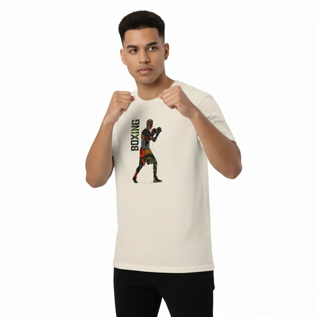 Fighters Corner beige boxing t-shirt athletic stance mockup with boxing graphic - premium combat sports fight wear apparel for athletic training