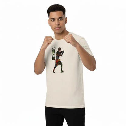 Fighters Corner beige boxing t-shirt athletic stance mockup with boxing graphic - premium combat sports fight wear apparel for athletic training