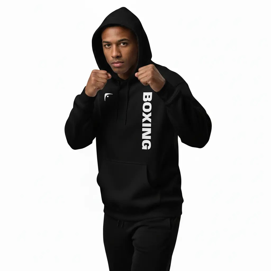 Fighters Corner black boxing hoodie athletic stance mockup - premium combat sports hooded sweatshirt for fight training and athletic wear
