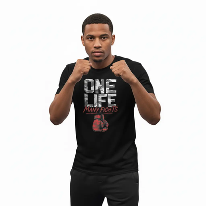 Fighters Corner boxing apparel - black athletic t-shirt with One Life Many Fights design and boxing gear graphics - combat sports fight wear for training