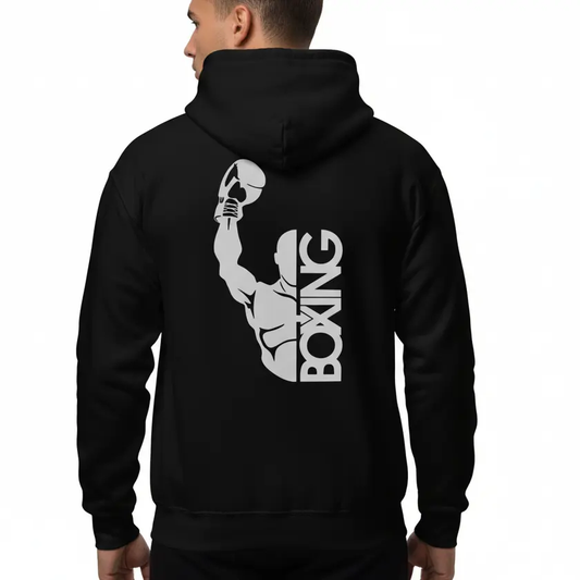 Fighters Corner black boxing hoodie back view mockup - premium combat sports hooded sweatshirt with fight wear graphic