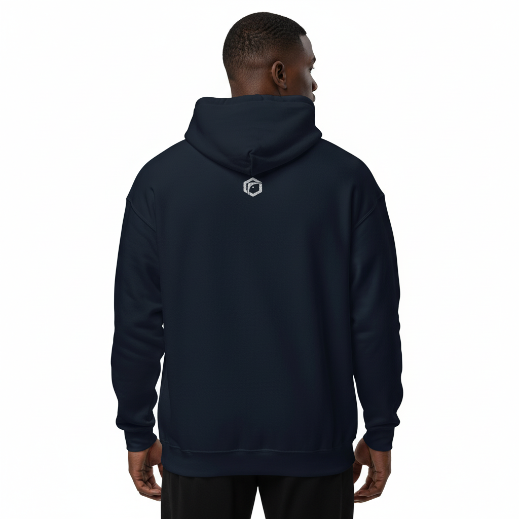 Back view of model wearing Fighters Corner navy boxing hoodie – rear logo detail and athletic fit for boxers