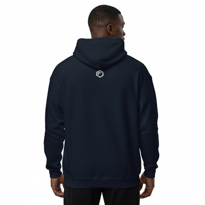Back view of model wearing Fighters Corner navy boxing hoodie – rear logo detail and athletic fit for boxers