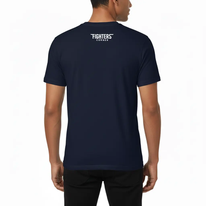 Fighters Corner boxing apparel back view - navy blue athletic t-shirt with Fighters Corner logo on back - combat sports fight wear and boxing gear