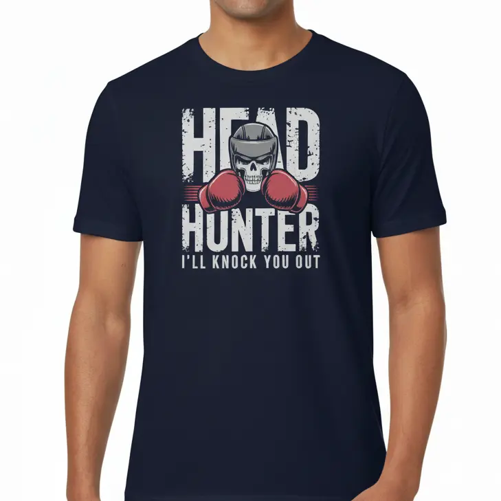 Fighters Corner boxing apparel - navy blue athletic t-shirt with HEAD HUNTER I'll Knock You Out graphic design - combat sports fight wear and boxing gear