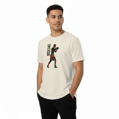 Fighters Corner athletic wear mockup - man wearing white boxing t-shirt with graphic design - combat sports apparel for fight wear training