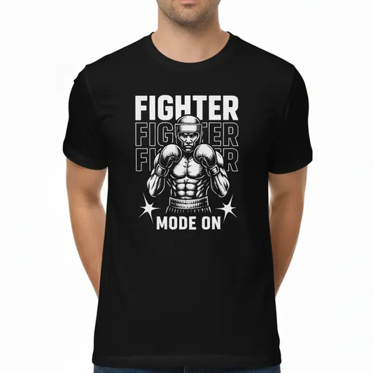 Fighters Corner black boxing t-shirt mockup candid relaxed pose - premium combat sports fight wear apparel with fighter graphic for athletic training