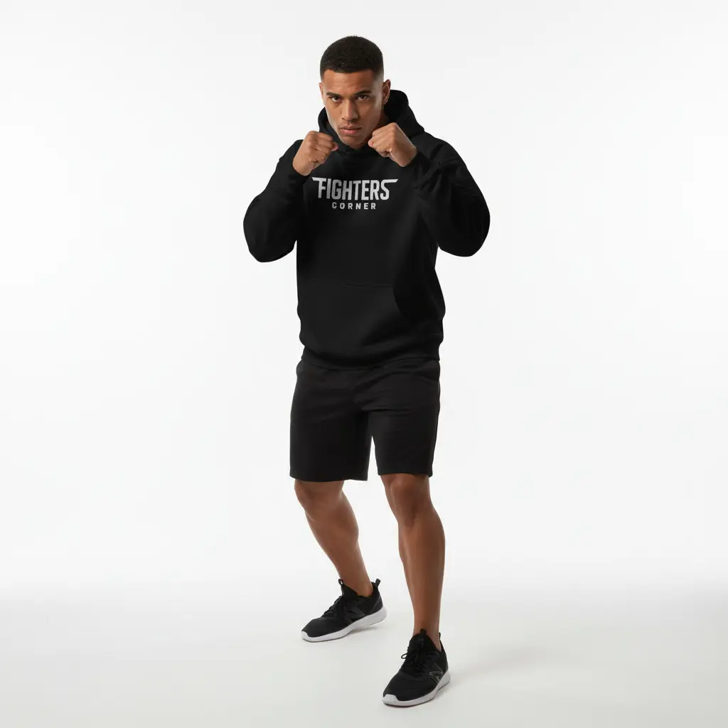 Fighters Corner black boxing hoodie dynamic action pose mockup - premium combat sports athletic wear for fight training
