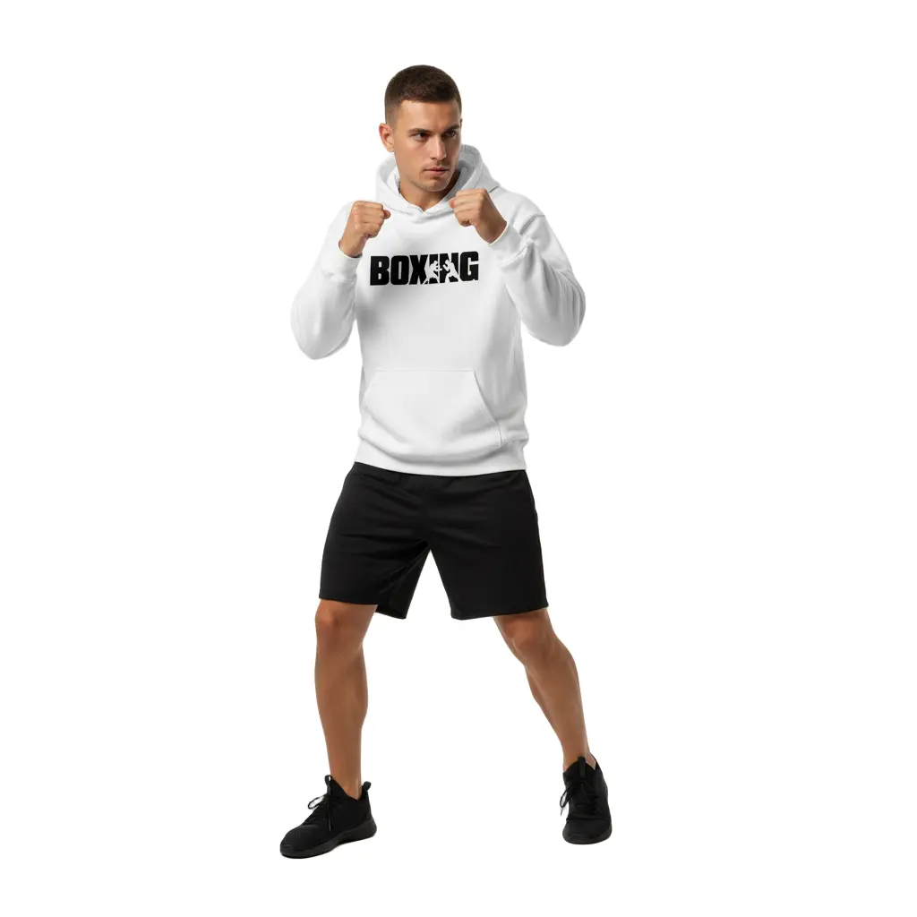 Fighters Corner white boxing hoodie dynamic action pose mockup - premium combat sports athletic wear with BOXING text graphic