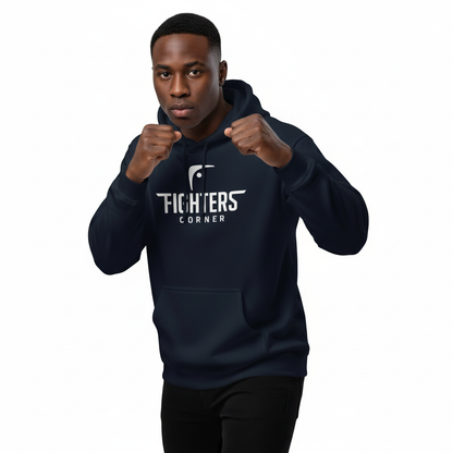 Action pose of boxer wearing Fighters Corner navy boxing hoodie – athletic training hoodie with signature logo for fighters