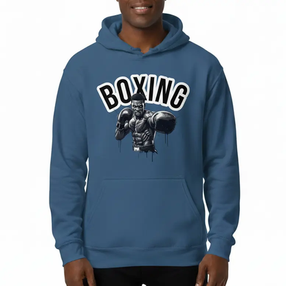 Fighters Corner blue boxing hoodie front athletic stance mockup - premium combat sports athletic wear with boxer graphic