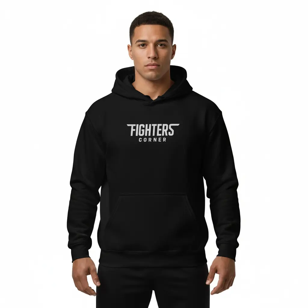 Fighters Corner black boxing hoodie front athletic stance mockup - premium combat sports hooded sweatshirt for fight training gearage