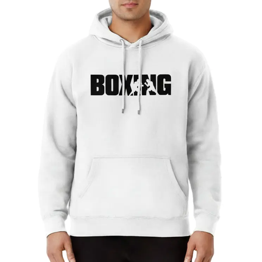 Fighters Corner white boxing hoodie front athletic stance mockup - premium combat sports hooded sweatshirt for fight training and athletic wear
