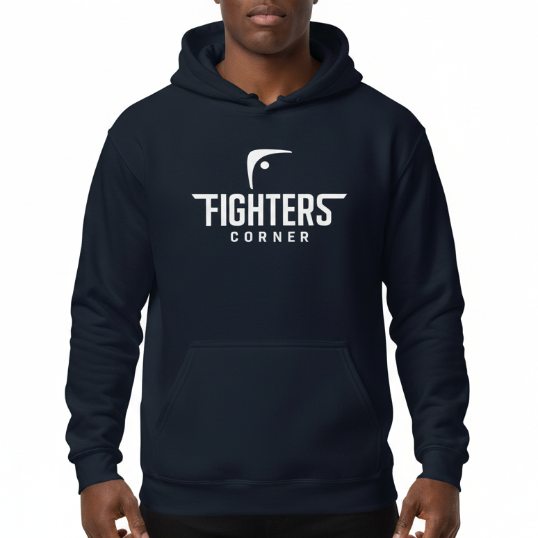 Front view of model wearing Fighters Corner navy boxing hoodie – athletic fit, signature logo, premium boxing apparel