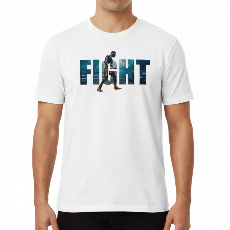 Fighters Corner white 'FIGHT' t-shirt front neutral mockup - premium combat sports boxing apparel for fight training and athletic wear