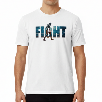 Fighters Corner white 'FIGHT' t-shirt front neutral mockup - premium combat sports boxing apparel for fight training and athletic wear