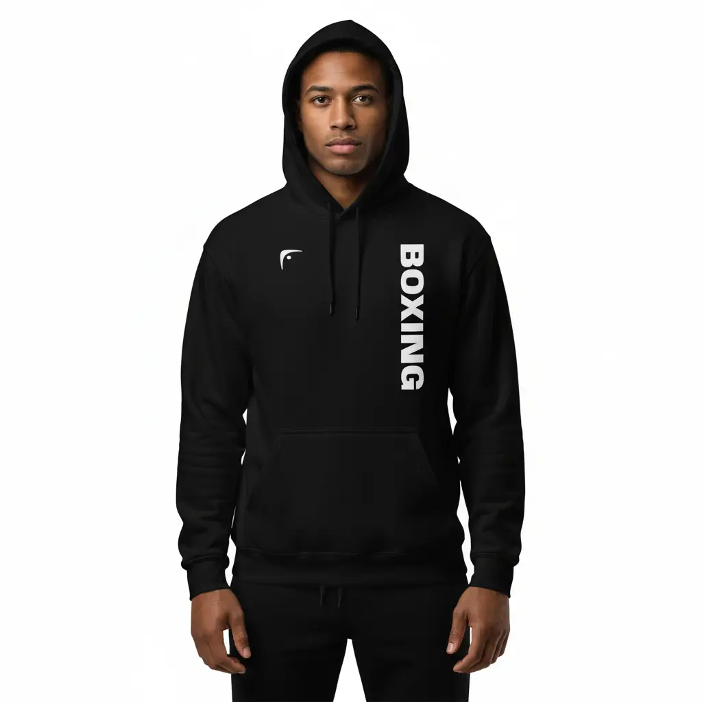 Fighters Corner black boxing hoodie front neutral mockup - premium combat sports hooded sweatshirt for boxing training and athletic wear