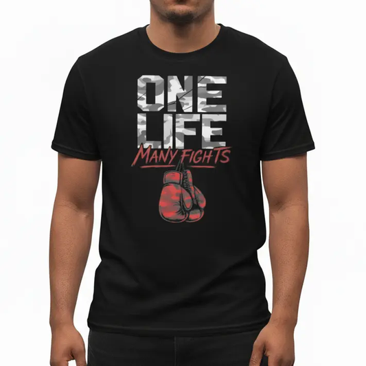 Fighters Corner boxing t-shirt mockup - black athletic wear with One Life Many Fights design and boxing gear graphics - combat sports fight wear apparel