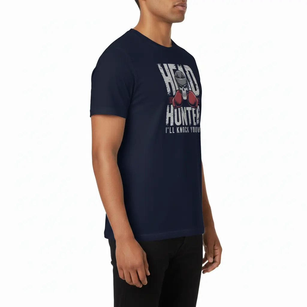 Fighters Corner boxing apparel - man in side view pose wearing navy blue athletic t-shirt with graphic design - combat sports fight wear and boxing gear