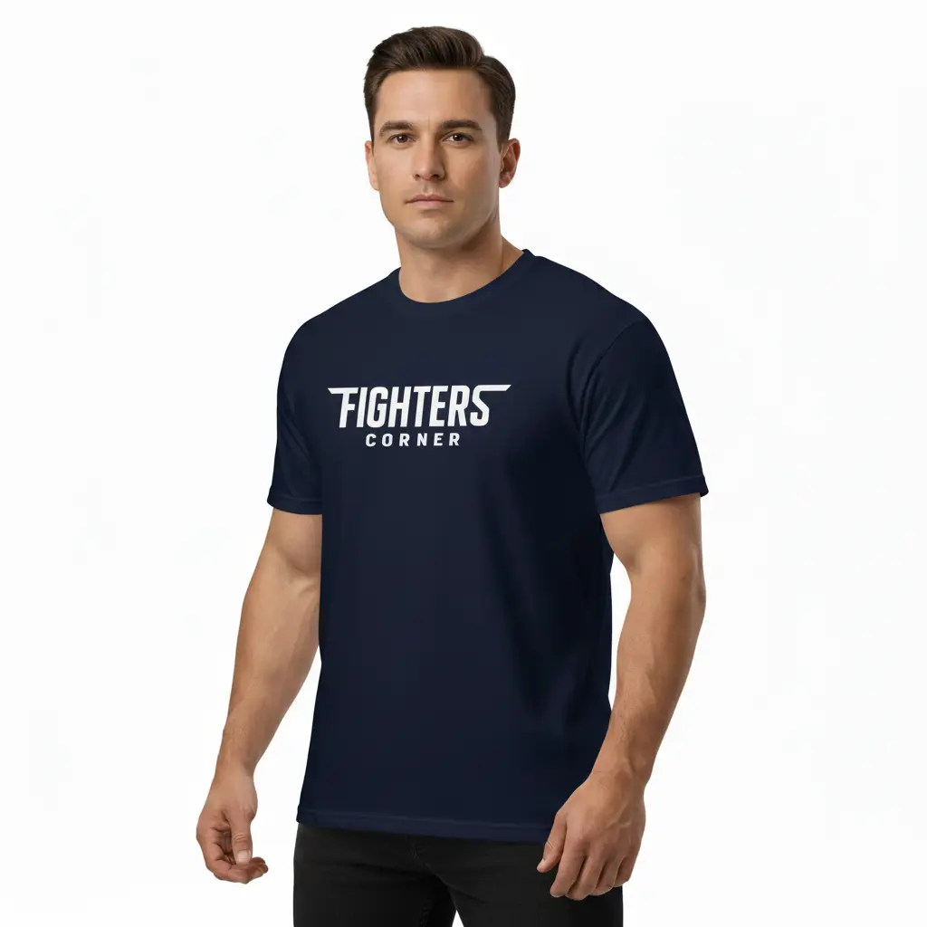 Fighters Corner boxing apparel - man wearing navy blue athletic t-shirt with FIGHTERS CORNER text - combat sports fight wear and boxing gear
