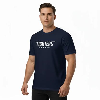 Fighters Corner boxing apparel - man wearing navy blue athletic t-shirt with FIGHTERS CORNER text - combat sports fight wear and boxing gear