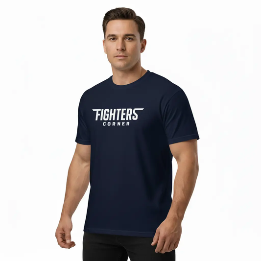 Fighters Corner boxing apparel - man wearing navy blue athletic t-shirt with FIGHTERS CORNER text - combat sports fight wear and boxing gear