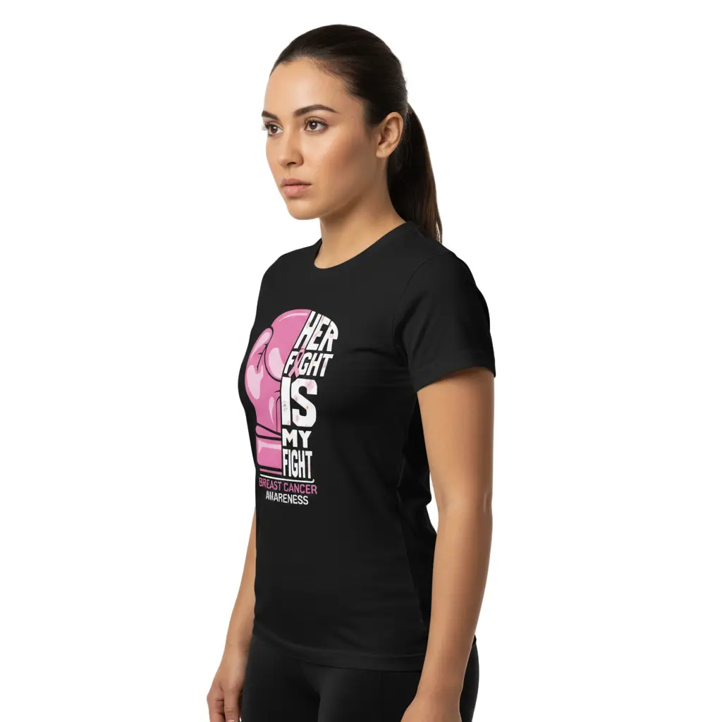 Fighters Corner athletic wear - woman in side view wearing Her Fight Is My Fight Breast Cancer Awareness t-shirt - boxing apparel and combat sports fight wear