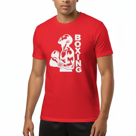 Fighters Corner boxing apparel - man in front neutral pose wearing red athletic t-shirt with boxing graphic and text - combat sports fight wear and boxing gear