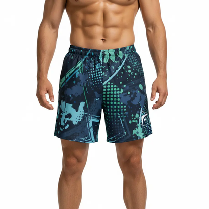 Fighters Corner blue athletic boxing shorts front stance mockup for boxing gear, fight wear, combat sports and athletic wear