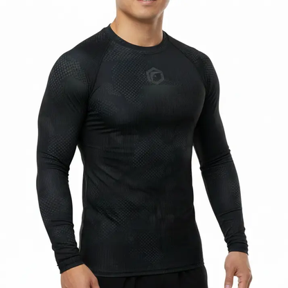 Black long-sleeve compression top with textured design on a white background