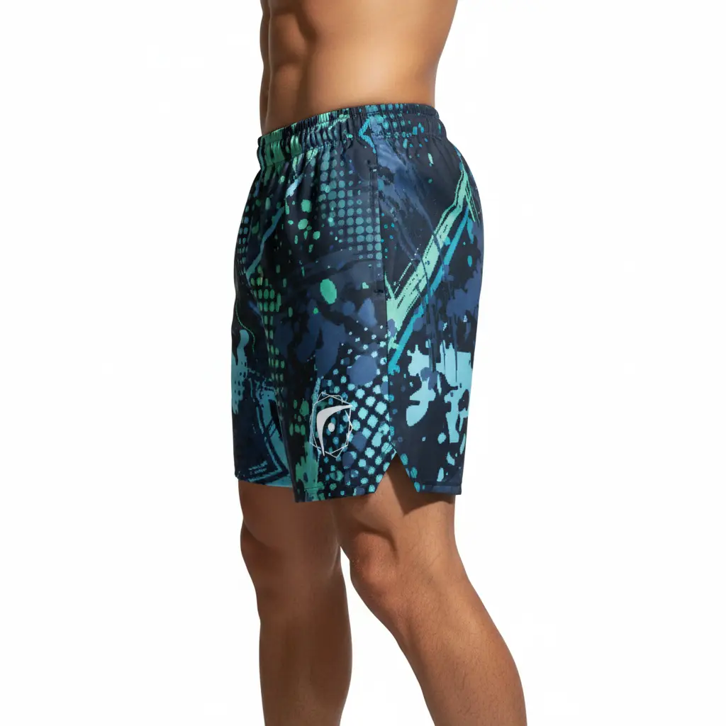 Fighters Corner blue athletic boxing shorts full side view mockup for boxing gear, fight wear, combat sports and athletic wear