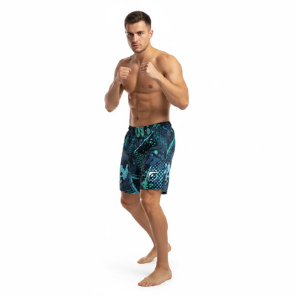 Fighters Corner blue athletic boxing shorts in athletic pose mockup