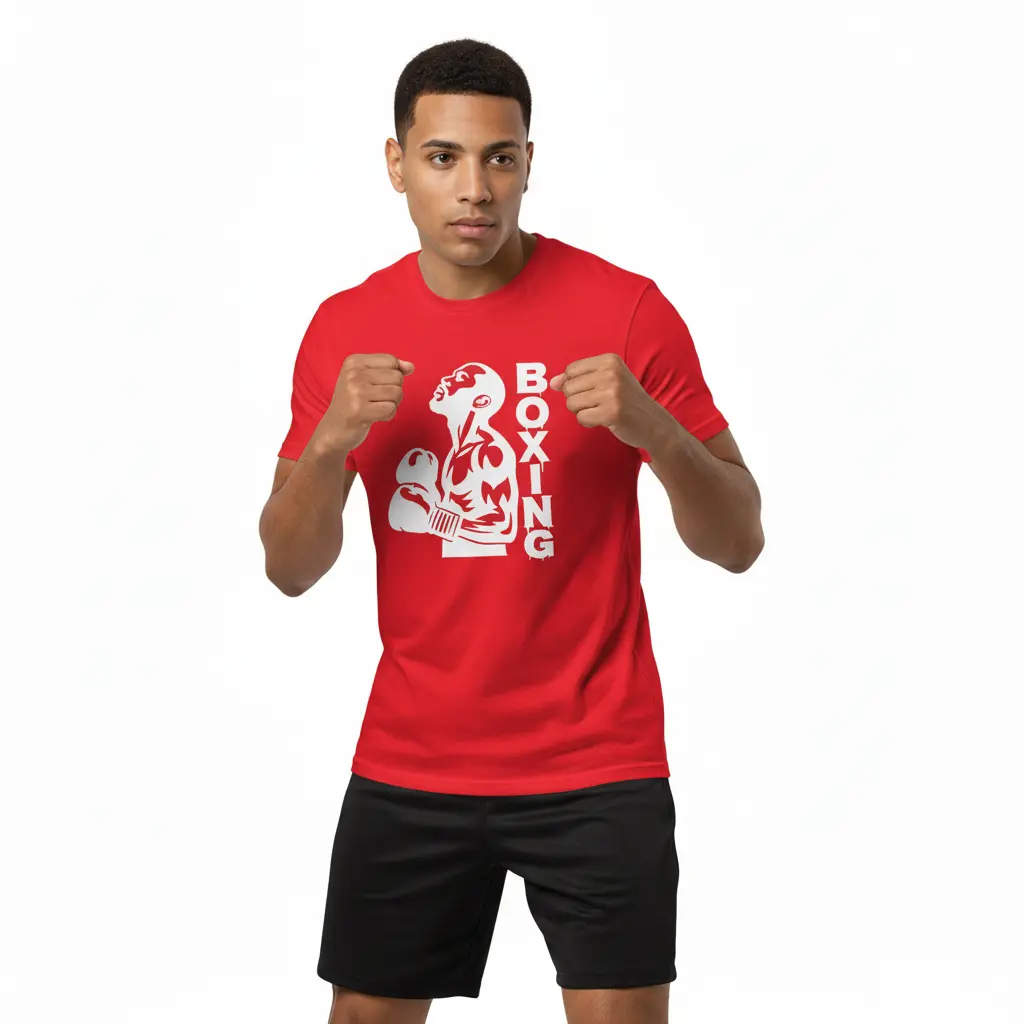 Fighters Corner boxing apparel - man in athletic stance wearing red t-shirt with boxing graphic and text - combat sports athletic wear and fight wear