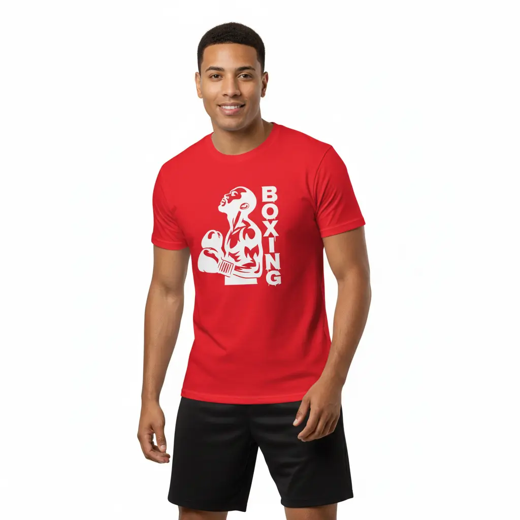Fighters Corner boxing apparel - man with candid relaxed smile wearing red t-shirt with boxing graphic and text - combat sports athletic wear and fight wear