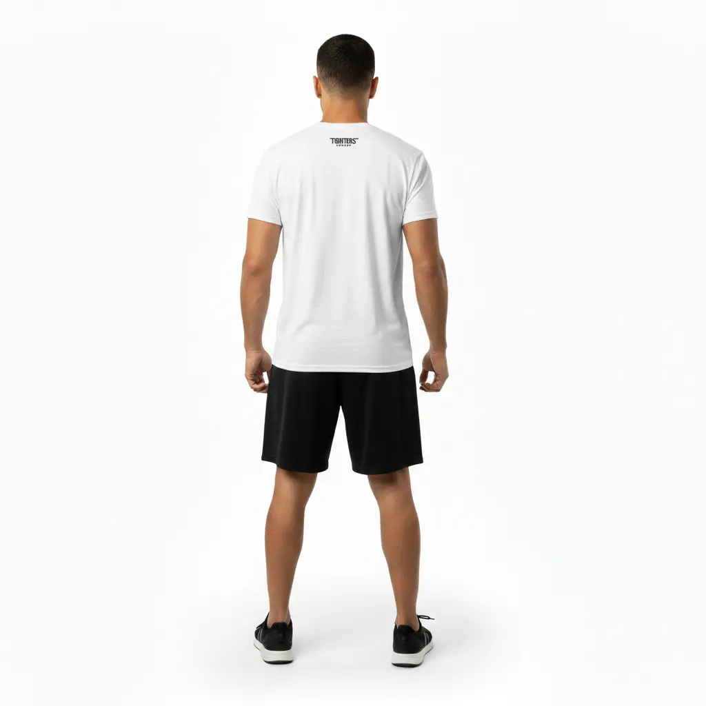 Fighters Corner white 'FIGHT' t-shirt back view mockup - premium combat sports boxing apparel with graphic for fight training and athletic wear