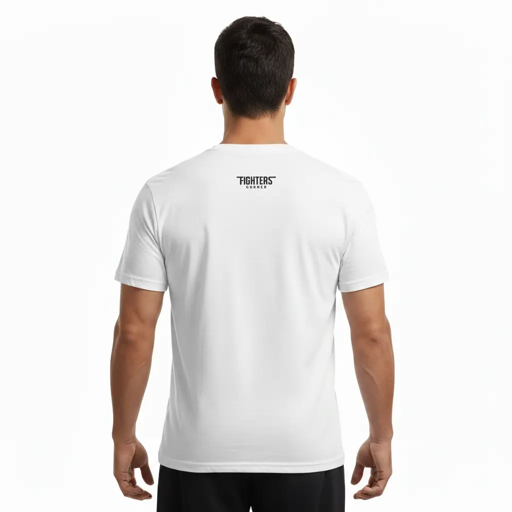 Fighters Corner white boxing t-shirt back view mockup featuring fight wear graphic - premium combat sports apparel