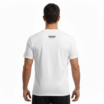 Fighters Corner white boxing t-shirt back view mockup featuring fight wear graphic - premium combat sports apparel
