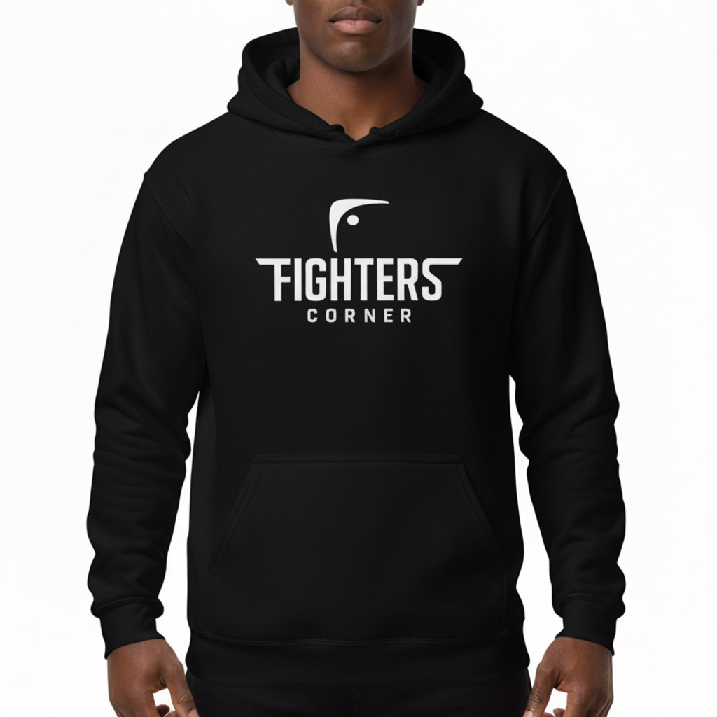 Front view of model wearing Fighters Corner black hoodie – bold logo for boxers