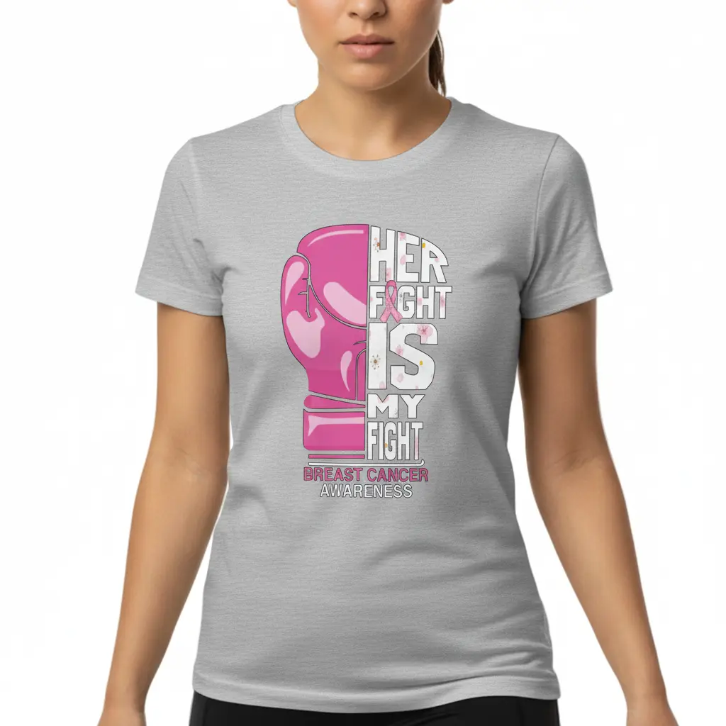 Woman wearing a grey “Her Fight Is My Fight” Breast Cancer Awareness t-shirt by Fighters Corner featuring a pink boxing glove graphic symbolizing strength and support.