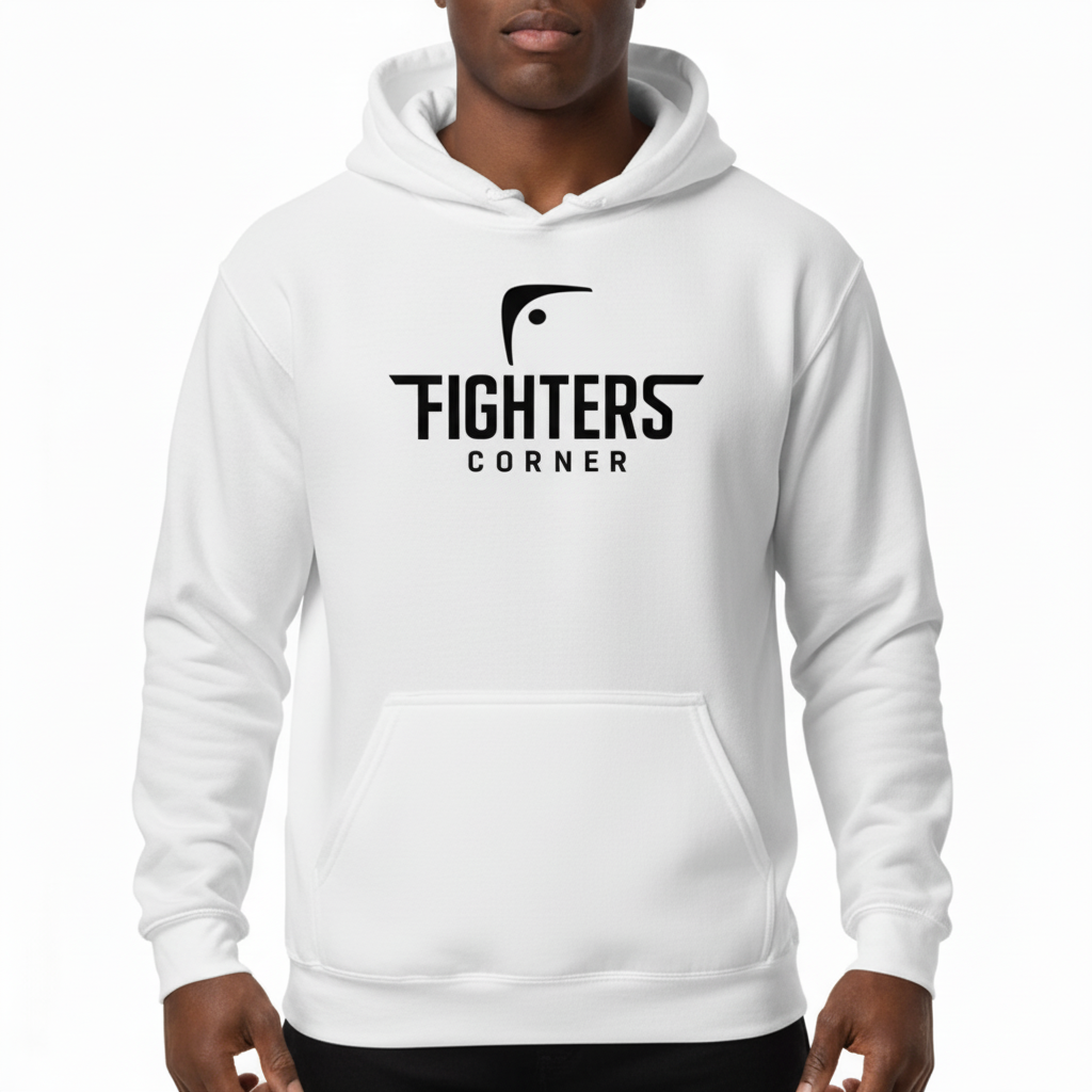 Front view of model wearing Fighters Corner white hoodie – bold logo and athletic fit for boxers