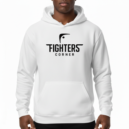 Front view of model wearing Fighters Corner white hoodie – bold logo and athletic fit for boxers