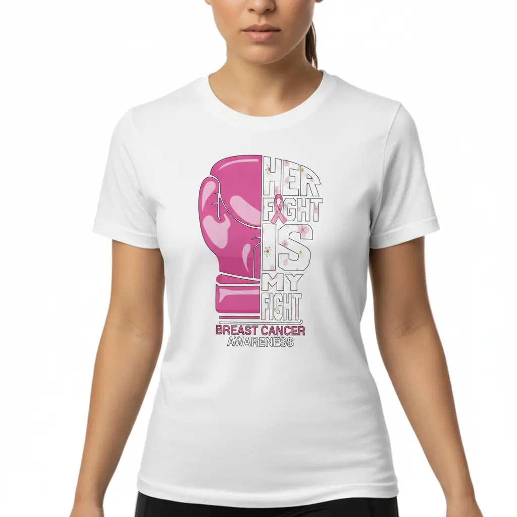 Woman wearing a white “Her Fight Is My Fight” Breast Cancer Awareness t-shirt by Fighters Corner featuring a pink boxing glove graphic symbolizing strength and support.
