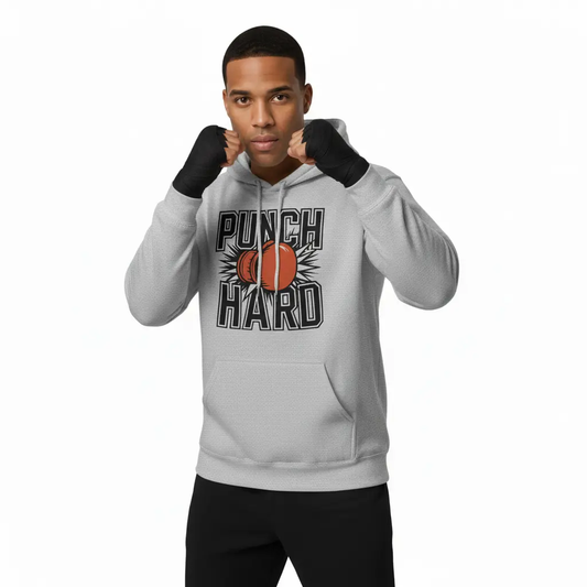Fighters Corner gray 'Punch Hard' boxing hoodie mockup in dynamic action pose with basketball-themed graphic on white background