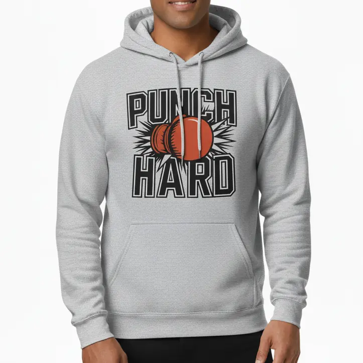Fighters Corner gray 'Punch Hard' boxing hoodie front athletic pose new model with boxing glove graphic on white background