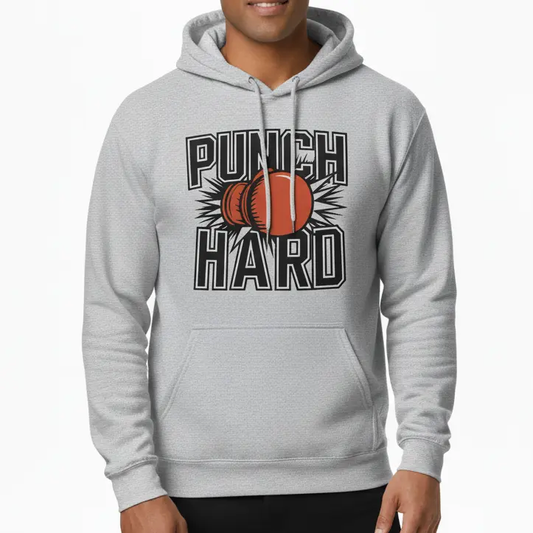 Fighters Corner gray 'Punch Hard' boxing hoodie front athletic pose new model with boxing glove graphic on white background