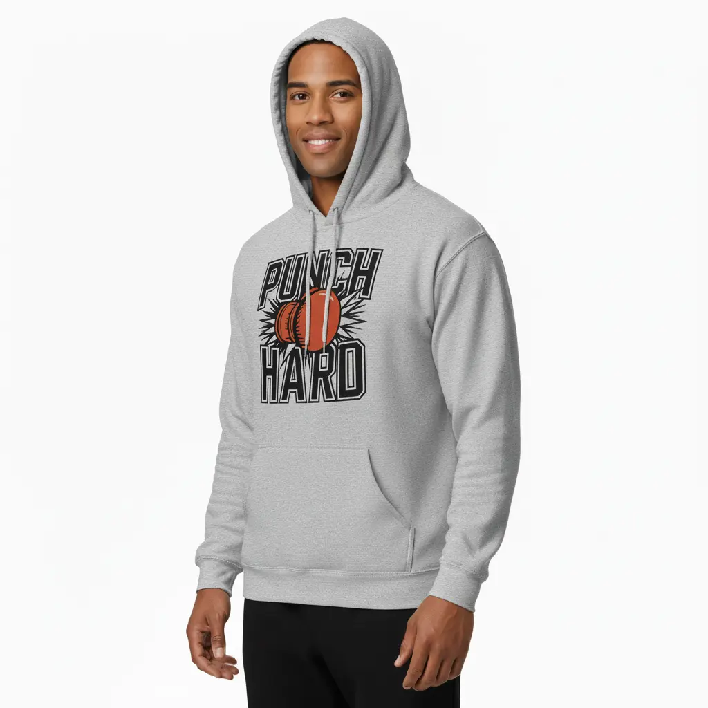Fighters Corner gray 'Punch Hard' boxing hoodie mockup with hood up, featuring text and graphic on white background