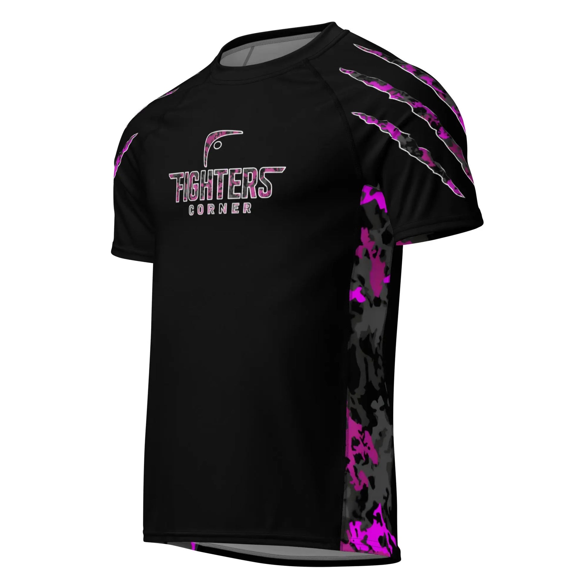 Black short-sleeve boxing rash guard with purple and pink claw design — Fighters Corner.
