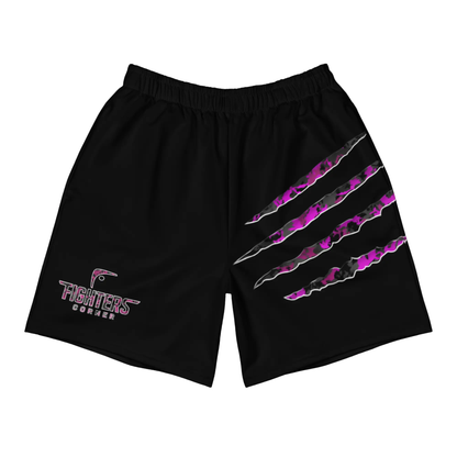 Front view of black unisex athletic long shorts with pink and gray claw slash design and Fighters Corner logo