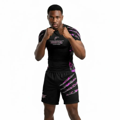 boxer wearing a black athletic outfit with pink and purple claw designs on a white background